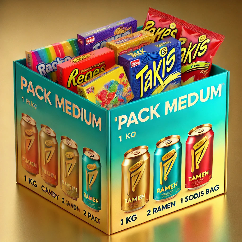 Pack Médium : 1KG BONBONS/+2 BULDAK/+1 CHIPS TAKIS/+2 BOISSONS